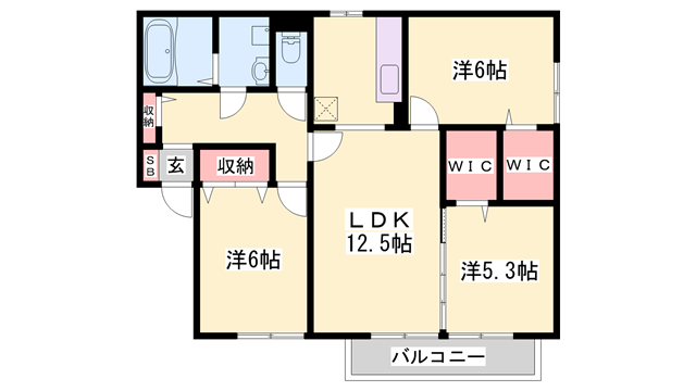 アミカルコートB棟(3LDK/2階)の間取り写真