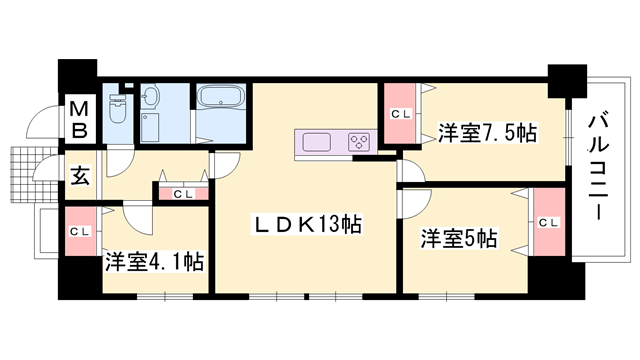 ロワイヤル元町(3LDK/4階)の間取り写真