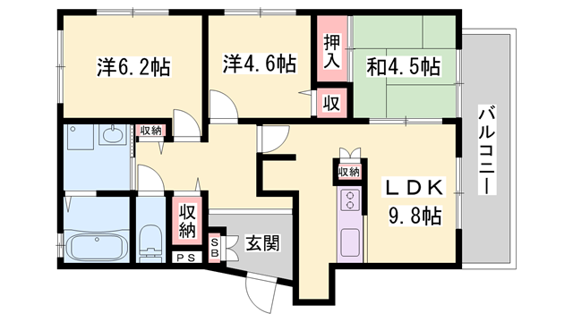 ハッピーコート御立(3LDK/4階)の間取り写真