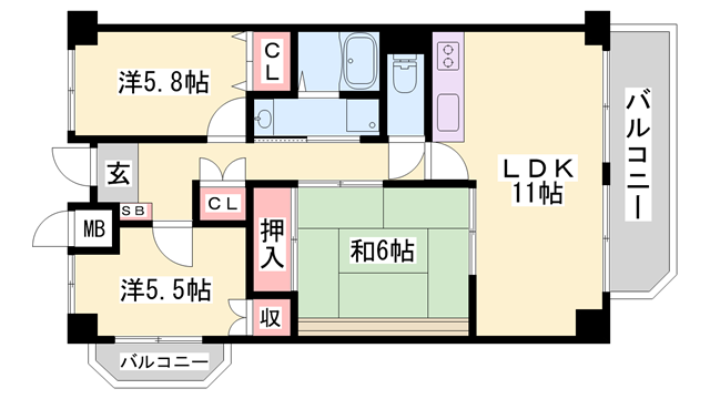 スカイハイツ田寺(3LDK/3階)の間取り写真