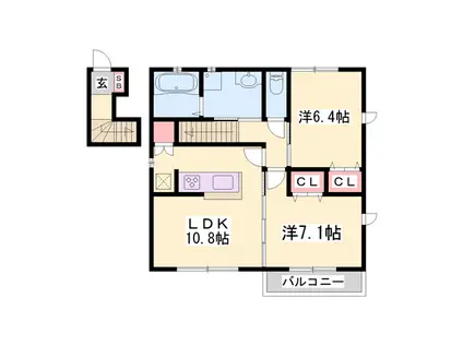 カーサ・デルソーレKHK A棟(2LDK/2階)の間取り写真