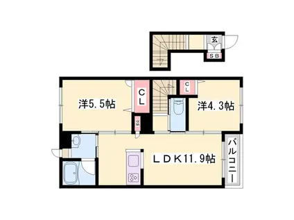 カーサグラスオエステ(2LDK/2階)の間取り写真