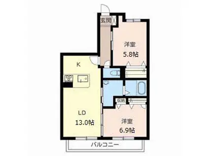 グラッシャス上ノ丸(2LDK/2階)の間取り写真