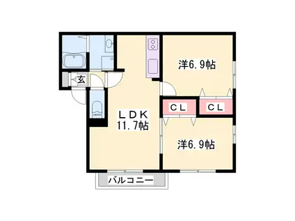 パラッツオ香寺(2LDK/2階)の間取り写真