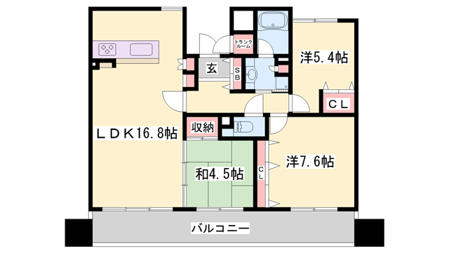 グラジオ城陽ロマネスク703号(3LDK/7階)の間取り写真