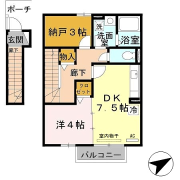 ローズコート砥堀(1DK/2階)の間取り写真