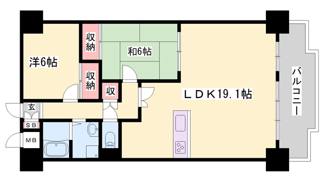 播但線 京口駅 徒歩8分 7階建 築41年(2LDK/6階)の間取り写真