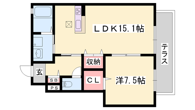 ヴェルデ・ラポールたつの(1LDK/1階)の間取り写真