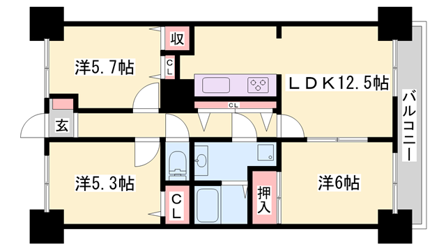 プリムローズ英賀保(3LDK/3階)の間取り写真