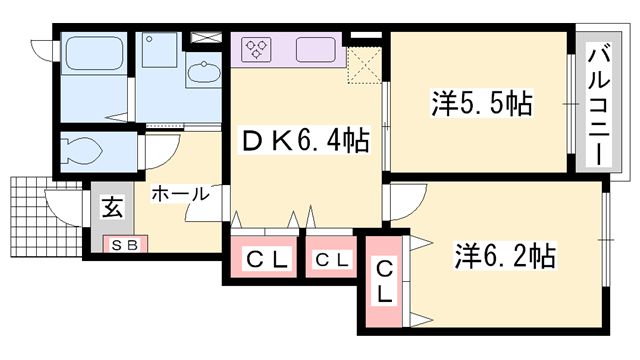 エクセルシア B棟(2DK/1階)の間取り写真