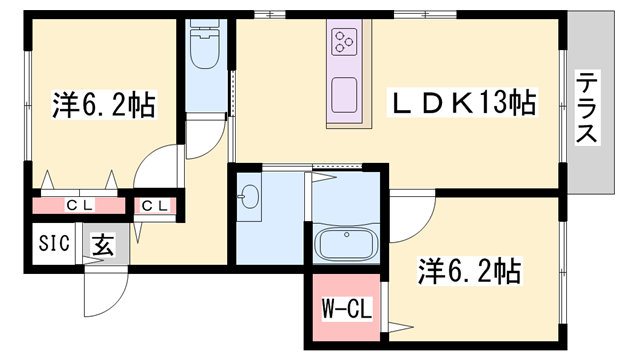 メゾンドソレイユ網干(2LDK/1階)の間取り写真