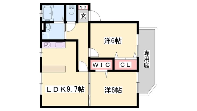 ソレジオ若草(2LDK/1階)の間取り写真