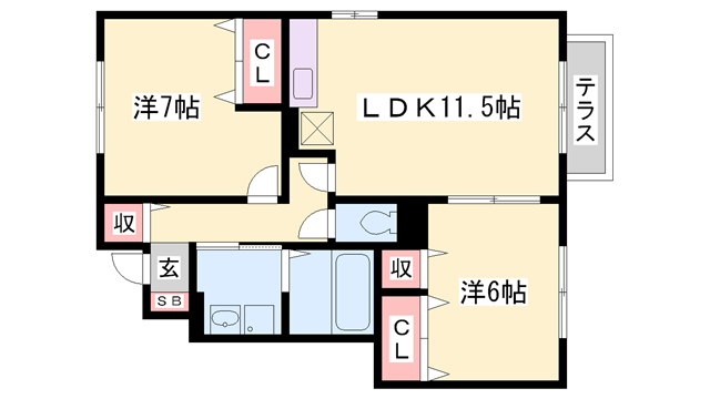 グランドゥール御津 B棟(2LDK/1階)の間取り写真