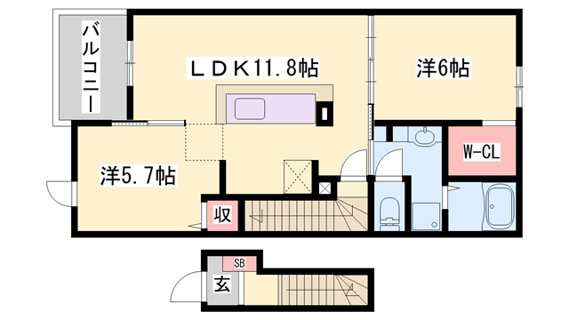 Rグレイ砥堀(2LDK/2階)の間取り写真