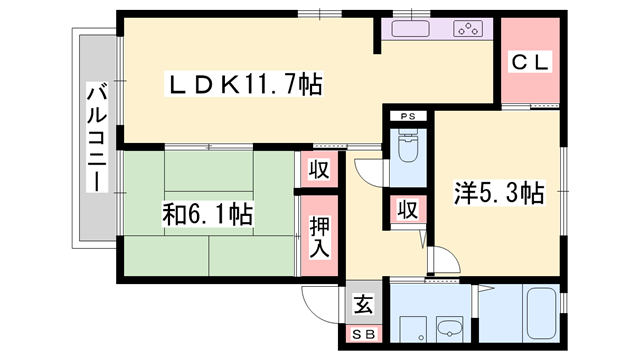 セントラヴィーヌ山手Ⅱ(2LDK/2階)の間取り写真