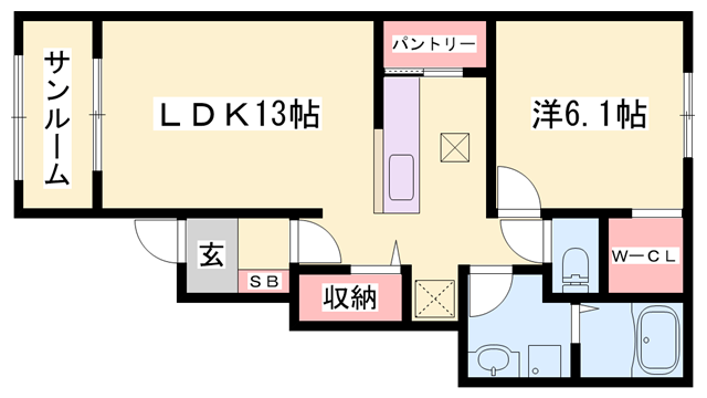 ルナソルC(1LDK/1階)の間取り写真