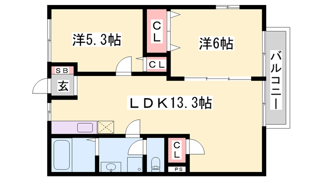 アーバンライフ旭陽B(2LDK/1階)の間取り写真