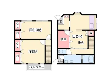 播但線 野里駅 徒歩14分 2階建 築59年(2LDK)の間取り写真