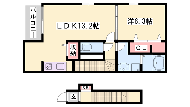 クローバー上本町(1LDK/2階)の間取り写真