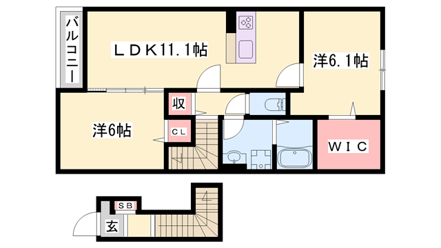 ヴィラ ドゥ グレーヌ梅ケ谷B(2LDK/2階)の間取り写真