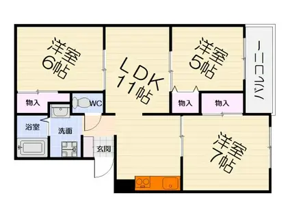 阪和線 富木駅 徒歩10分 3階建 築34年(3LDK/3階)の間取り写真