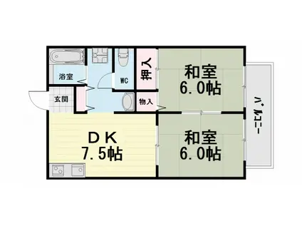 阪和線 北信太駅 徒歩13分 2階建 築37年(2DK/2階)の間取り写真