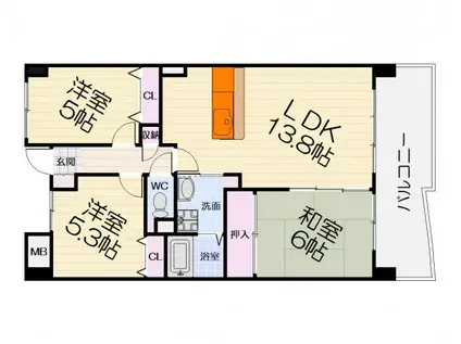 阪和線 富木駅 徒歩4分 4階建 築23年(3LDK/3階)の間取り写真