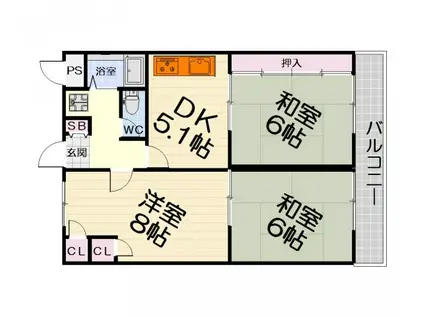 阪和線 和泉府中駅 徒歩10分 3階建 築32年(3DK/3階)の間取り写真