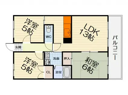 阪和線 富木駅 徒歩21分 3階建 築33年(3LDK/3階)の間取り写真