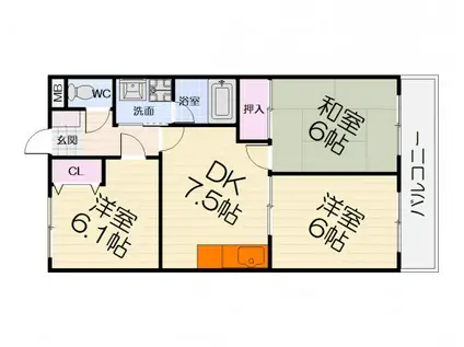 阪和線 久米田駅 徒歩20分 3階建 築33年(3DK/3階)の間取り写真