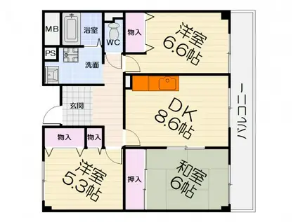 阪和線 鳳駅 徒歩13分 3階建 築25年(3LDK/3階)の間取り写真