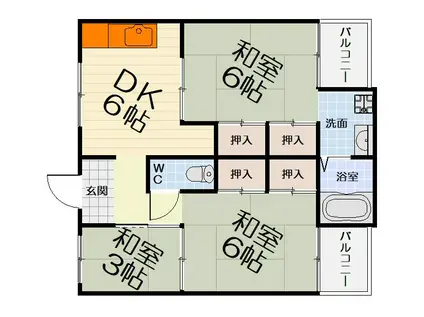 阪和線 北信太駅 徒歩9分 4階建 築62年(3DK/3階)の間取り写真