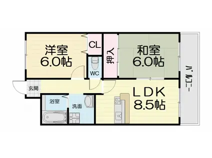 阪和線 津久野駅 徒歩16分 5階建 築30年(2LDK/1階)の間取り写真