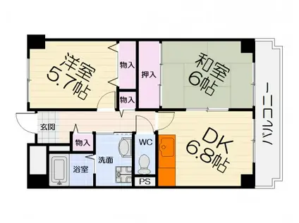 南海電鉄南海本線 石津川駅 徒歩2分 6階建 築33年(2DK/3階)の間取り写真