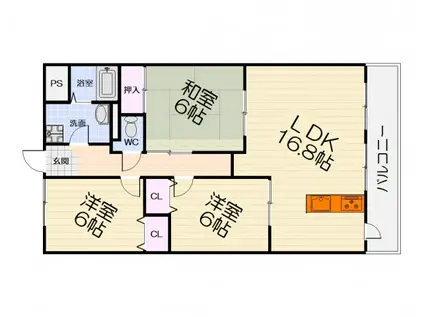 南海電鉄南海本線 高石駅 徒歩3分 6階建 築34年(3LDK/2階)の間取り写真