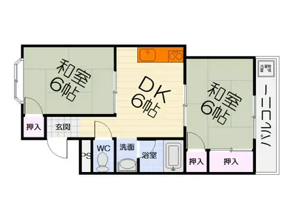 阪和線 和泉府中駅 徒歩7分 3階建 築39年(2DK/3階)の間取り写真