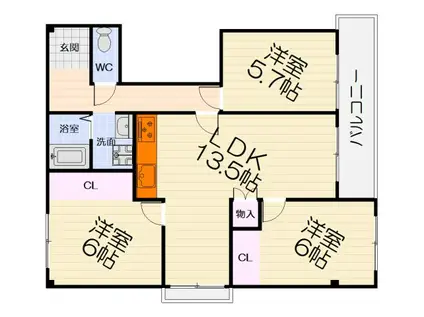 阪和線 上野芝駅 徒歩2分 5階建 築36年(3LDK/5階)の間取り写真