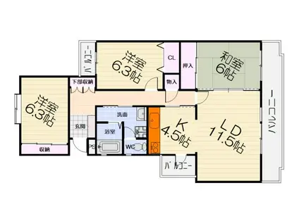 南海電鉄泉北線 深井駅 徒歩21分 5階建 築34年(3LDK/4階)の間取り写真