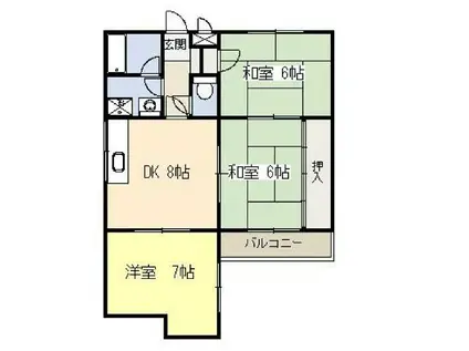 神戸市西神山手線 伊川谷駅 バス乗車時間：9分 伊川谷インター前バス停で下車 徒歩2分 3階建 築39年(2LDK/2階)の間取り写真