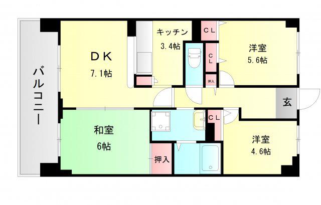 神戸市西神山手線 学園都市駅 徒歩2分 18階建 築28年(3DK/8階)の間取り写真