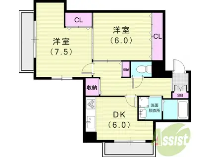 エバーグレイス塚口(2DK/1階)の間取り写真