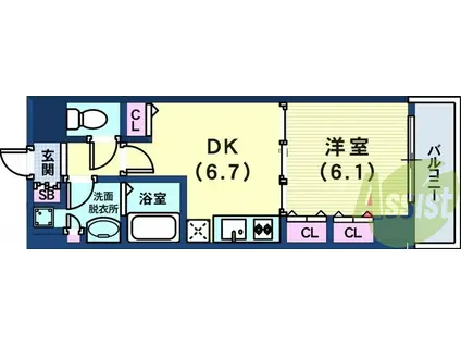 プレジール三ノ宮2(1DK/9階)の間取り写真