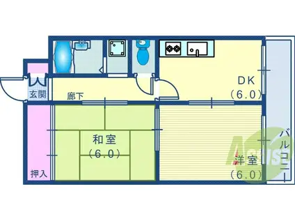 グランディアルネッサンス野崎通(2DK/2階)の間取り写真