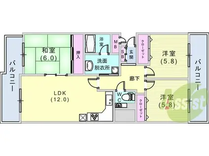 グランドメゾン六甲箕岡(3LDK/1階)の間取り写真