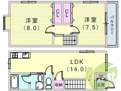 神戸電鉄有馬線 長田駅(神戸電鉄) 徒歩10分 2階建 築28年(2LDK/1階)の間取り写真