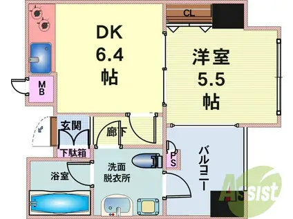 ワコーレ神戸北野セリュックス(1DK/6階)の間取り写真