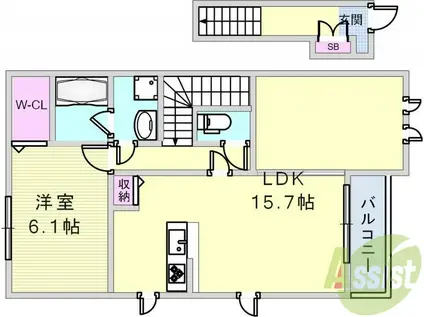 ラフィーネ神戸 サウス WING(1LDK/2階)の間取り写真