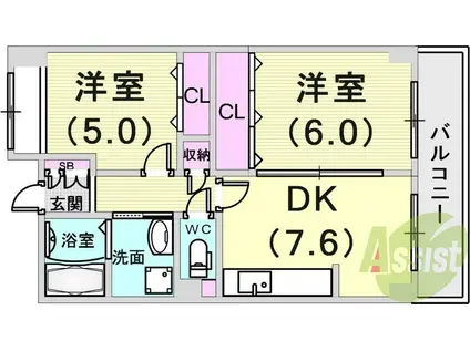 パールハイツ荒田(2DK/3階)の間取り写真