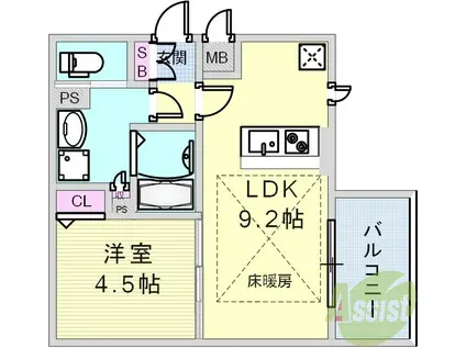 プレサンス THE神戸(1LDK/9階)の間取り写真