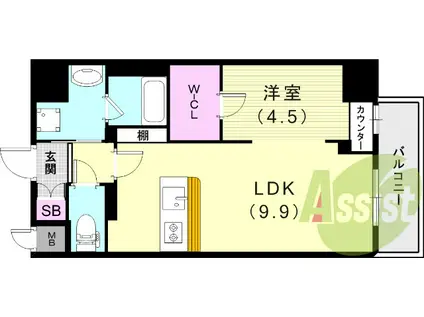 ルガールボニート新神戸(1LDK/9階)の間取り写真